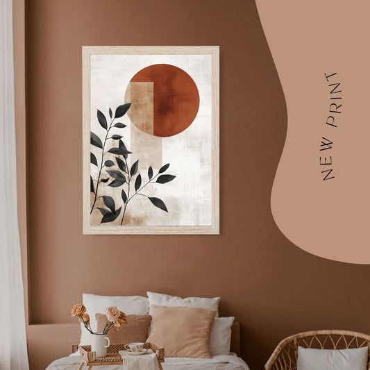 Minimalist botanical wall art with geometric shapes in earthy tones