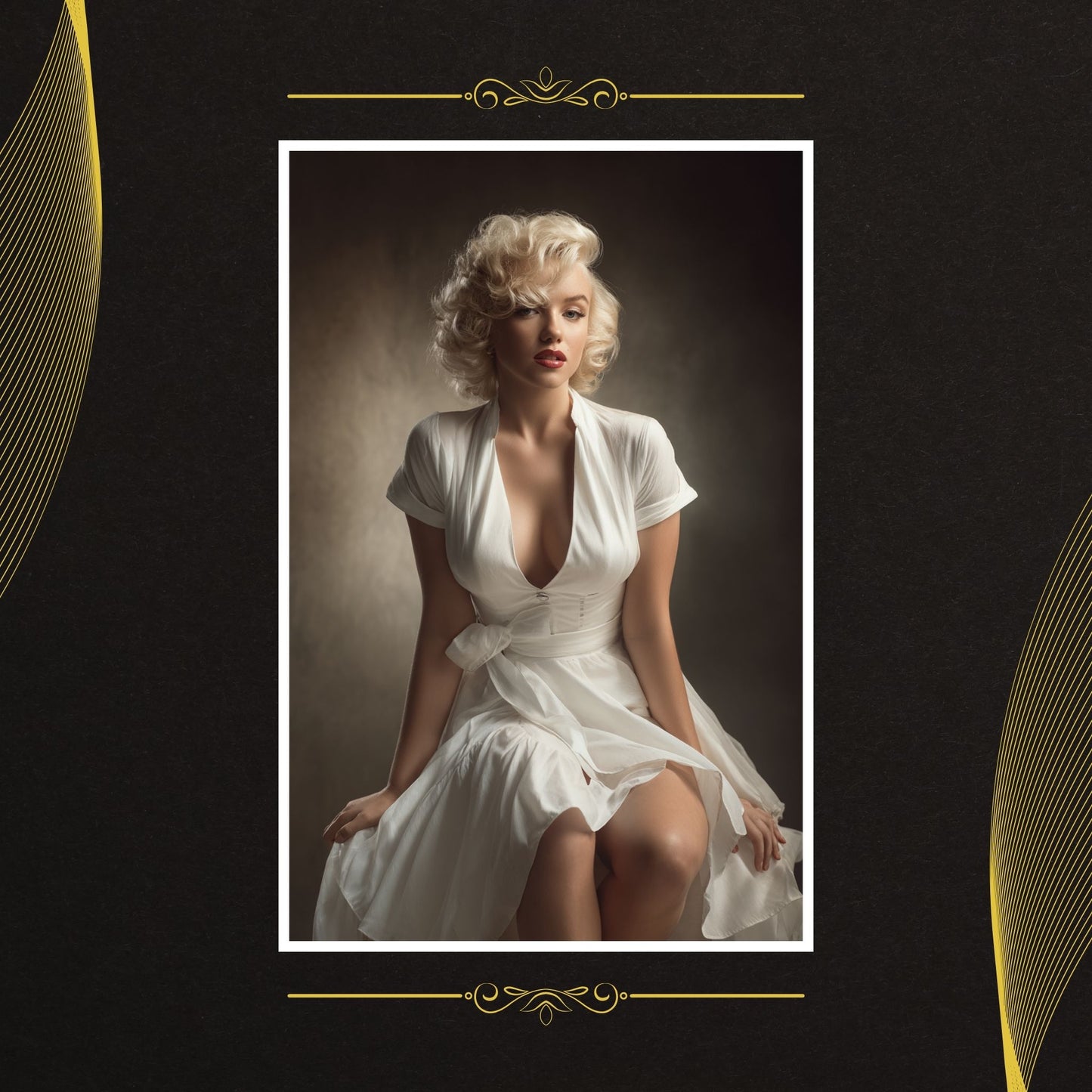 Marilyn Monroe in a white dress sitting against a dark background with decorative elements.