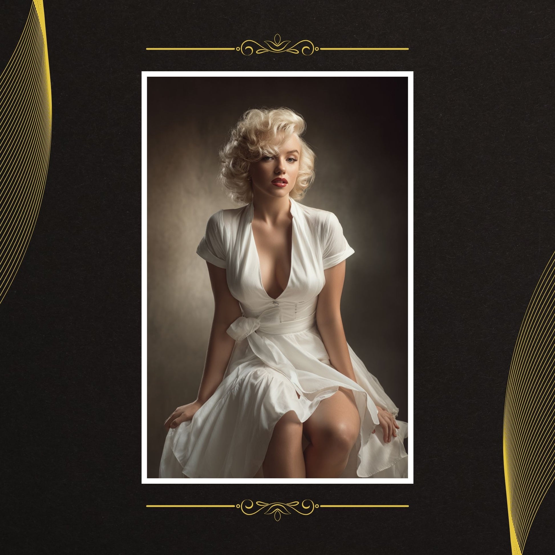 Marilyn Monroe in a white dress sitting against a dark background with decorative elements.