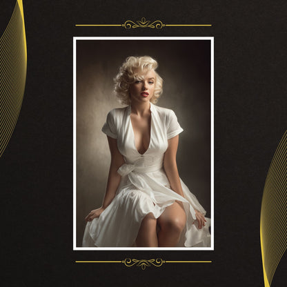 Marilyn Monroe in a white dress sitting against a dark background with decorative elements.