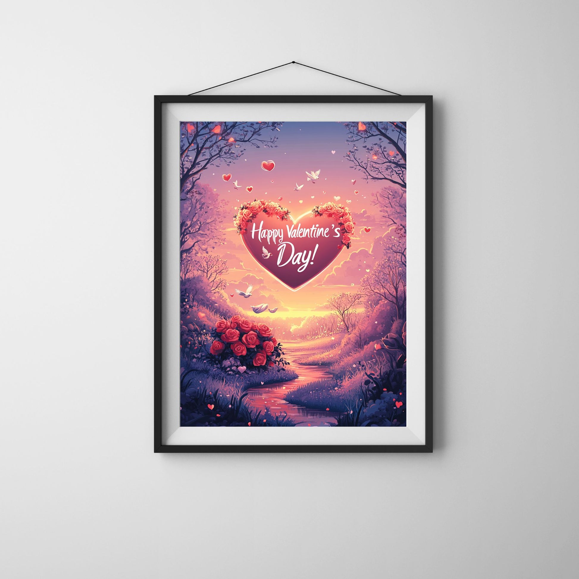 Celebrate love with this Valentine’s Day heart art, featuring roses and doves in a tranquil scene