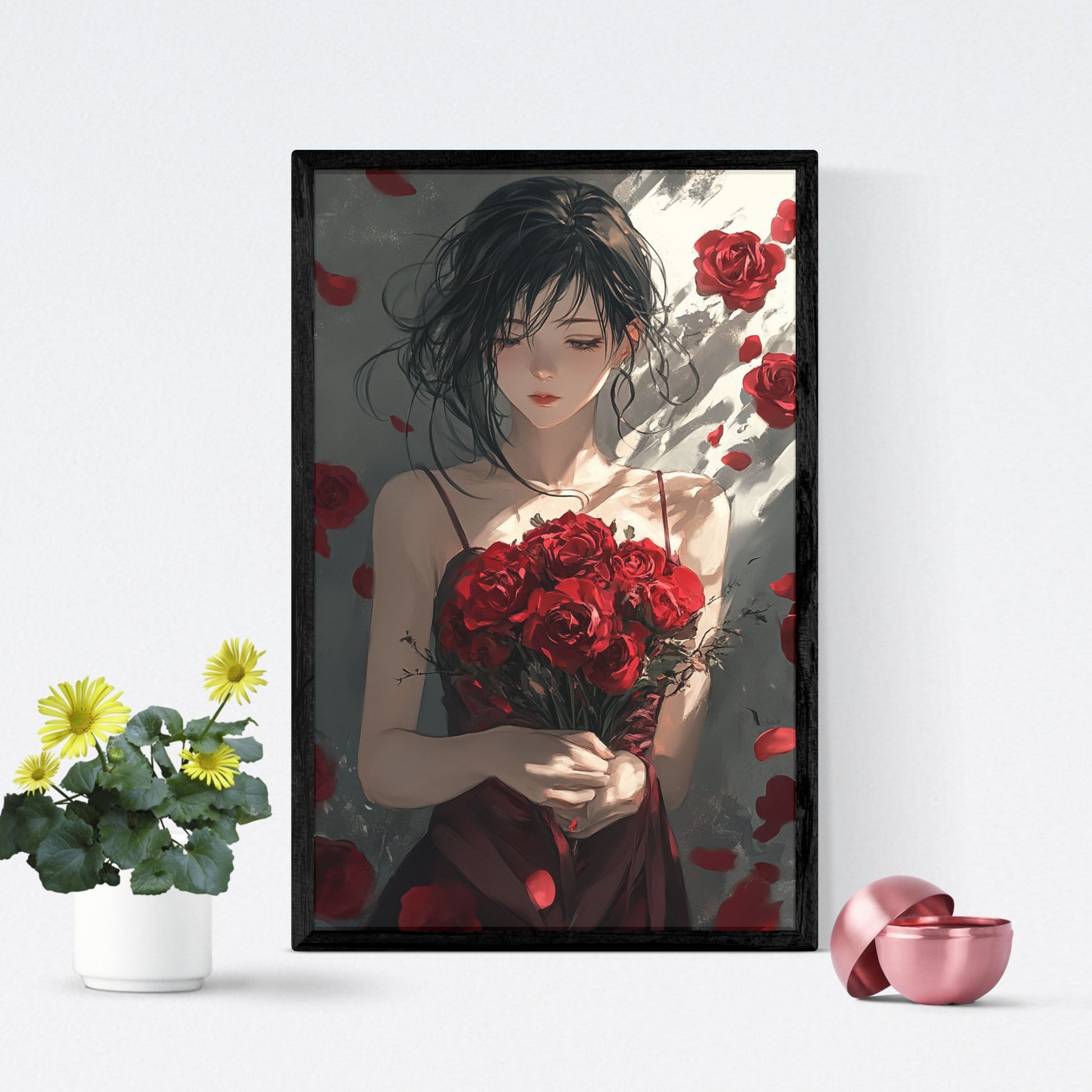 Beautiful red roses and a woman, symbolizing love for Valentine's Day wall art