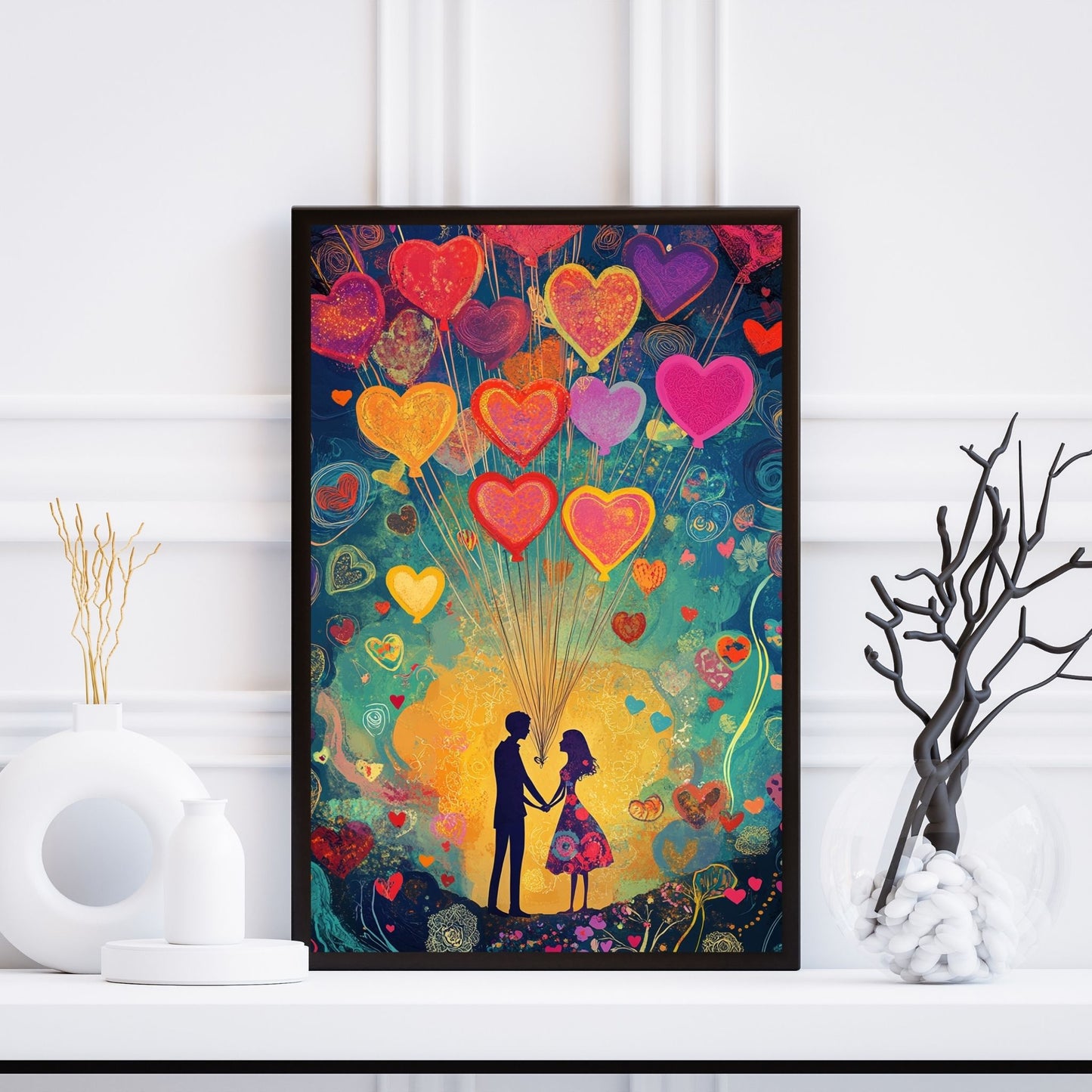 Beautiful heart-shaped balloons in vivid colors fill the sky in this romantic Valentine’s art