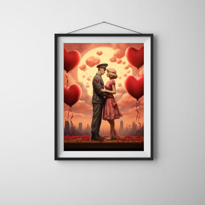 Timeless love captured in this romantic Valentine’s Day couple art with roses and heart balloons