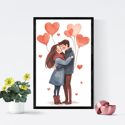 Heartwarming Valentine’s Day wall art featuring a romantic kiss and heart balloons