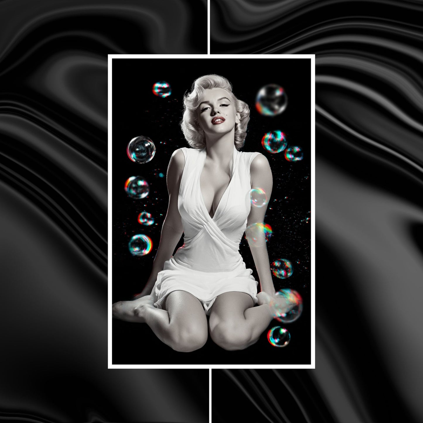 Vintage-style poster of a woman in a white dress with colorful bubbles on a black background