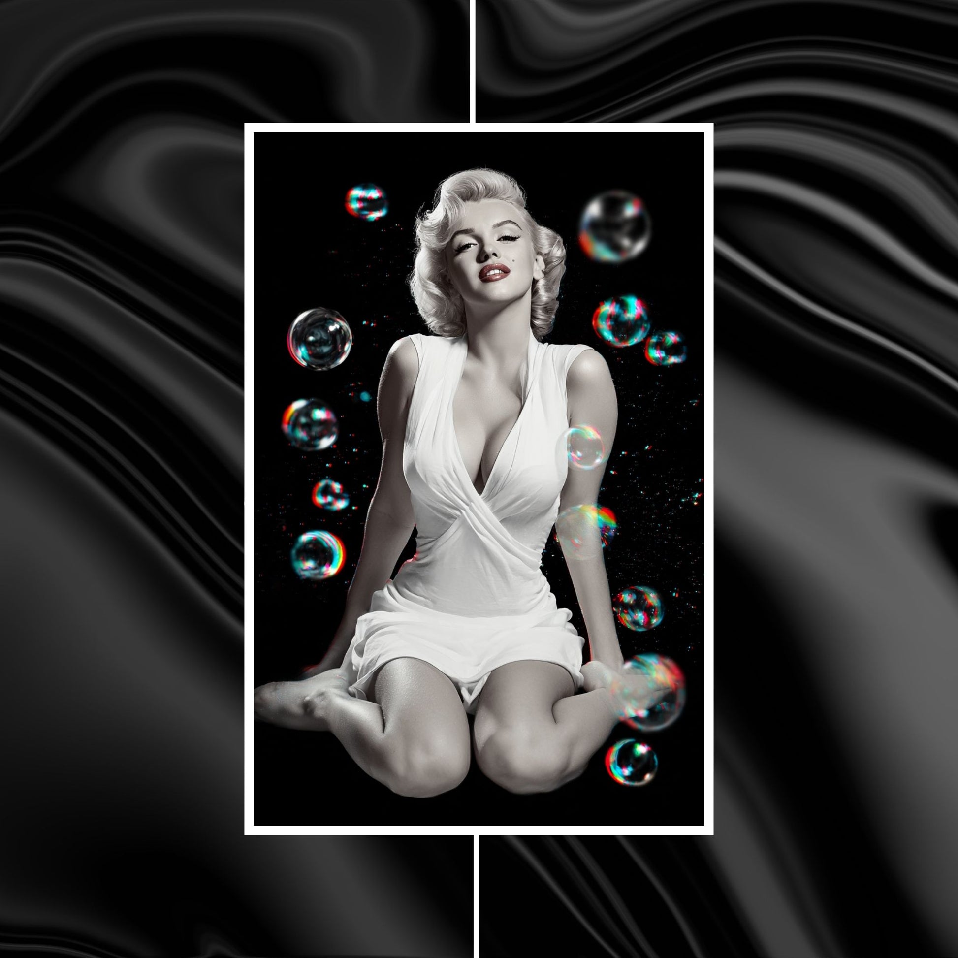 Vintage-style poster of a woman in a white dress with colorful bubbles on a black background