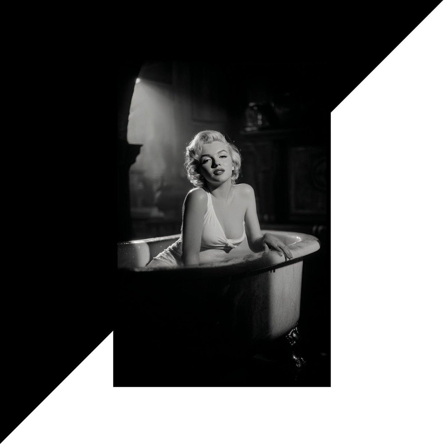 Black and white photograph of a person sitting in a bathtub