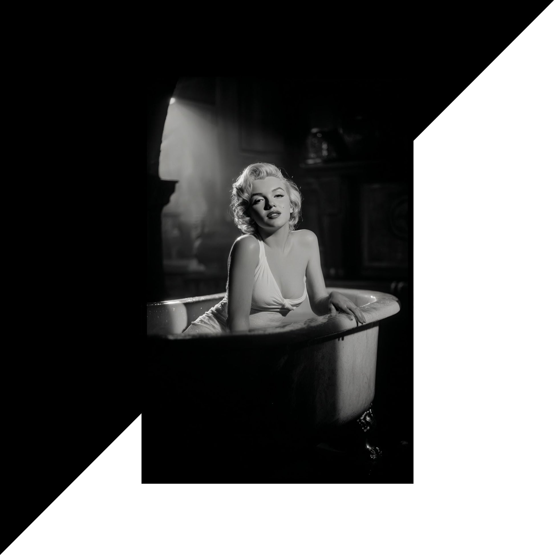 Black and white photograph of a person sitting in a bathtub