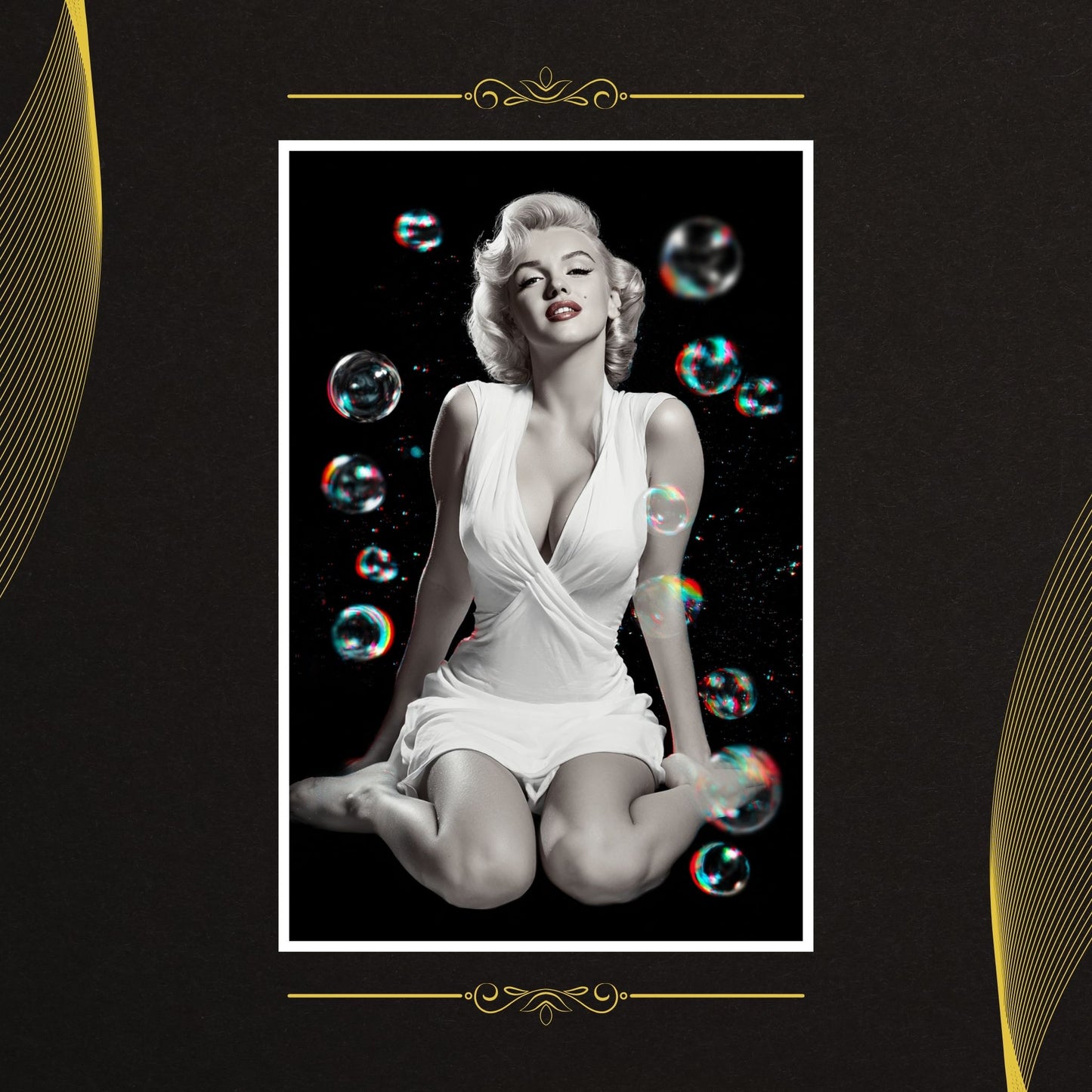 Vintage-style image of a woman in a white dress with colorful bubbles on a dark background