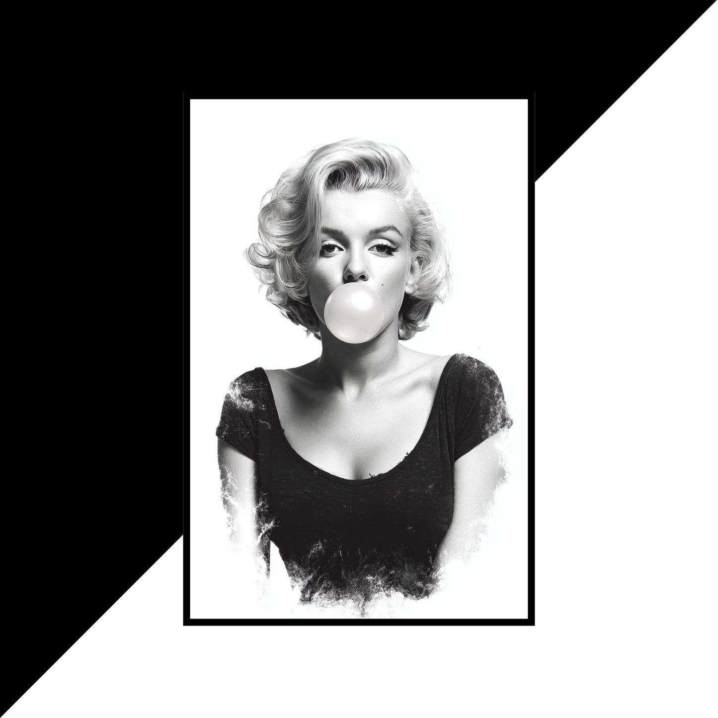 Black and white portrait of a person blowing a bubble with gum, framed against a black and white geometric background.