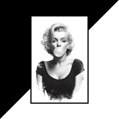 Black and white portrait of a person blowing a bubble with gum, framed against a black and white geometric background.