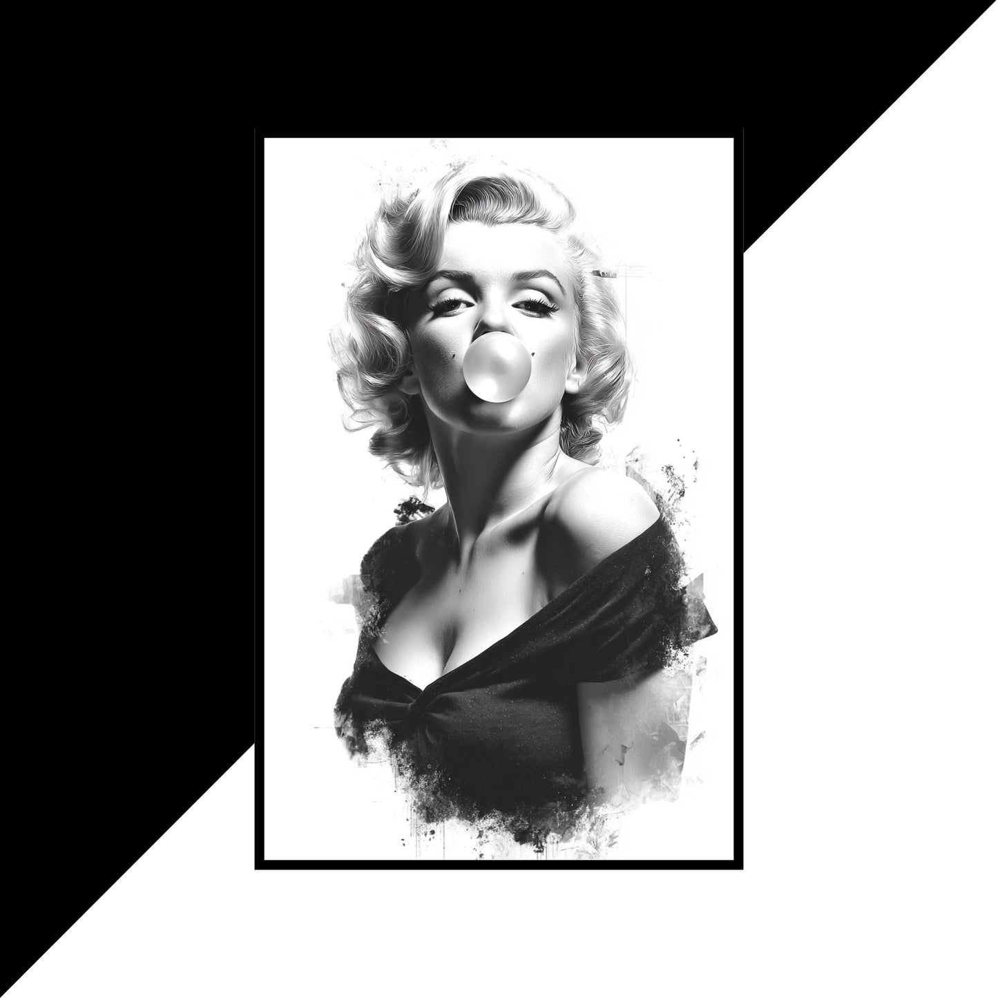 Black and white illustration of a famous actress blowing a bubble with gum.