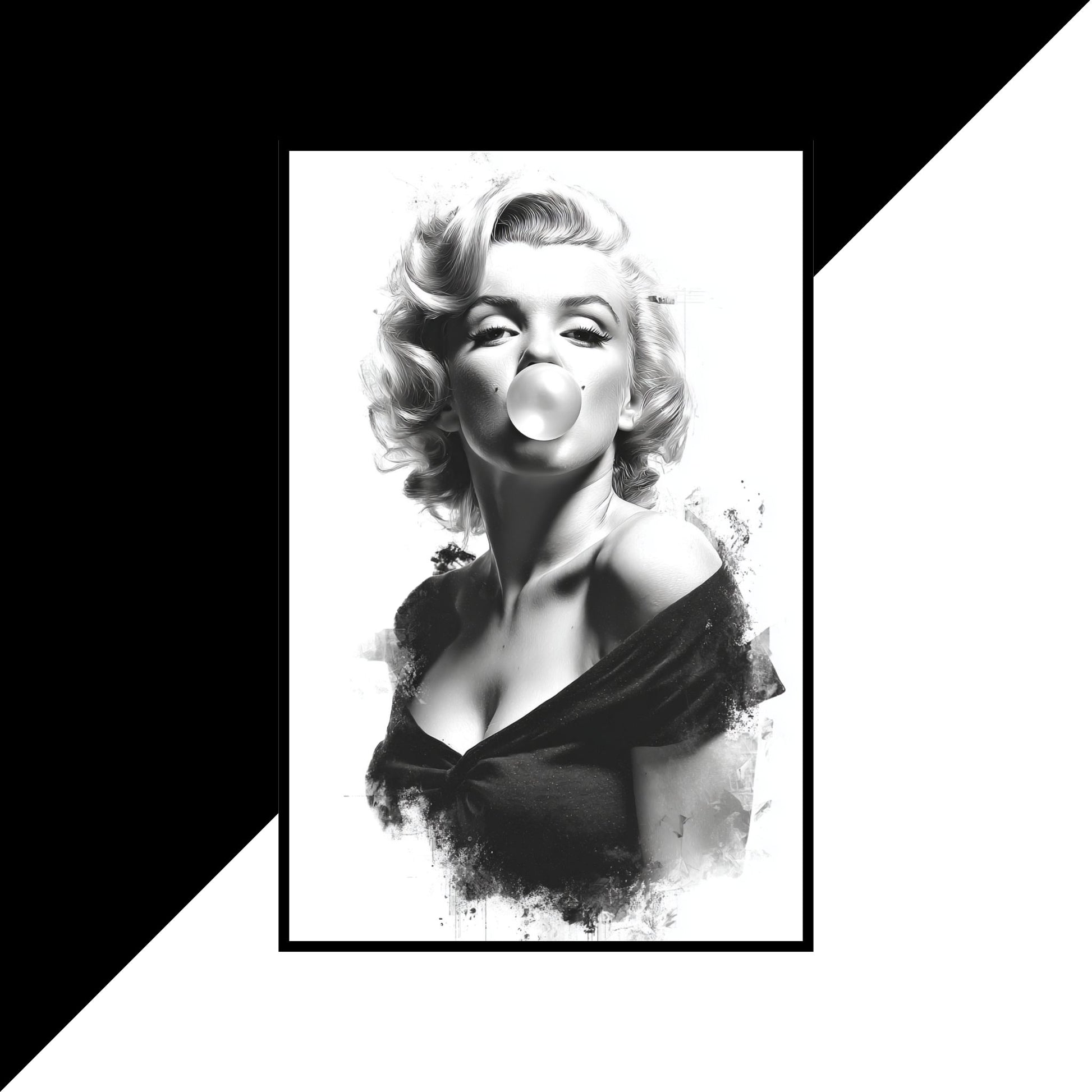 Black and white illustration of a famous actress blowing a bubble with gum.