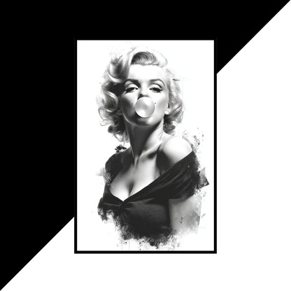 Black and white illustration of a famous actress blowing a bubble with gum.