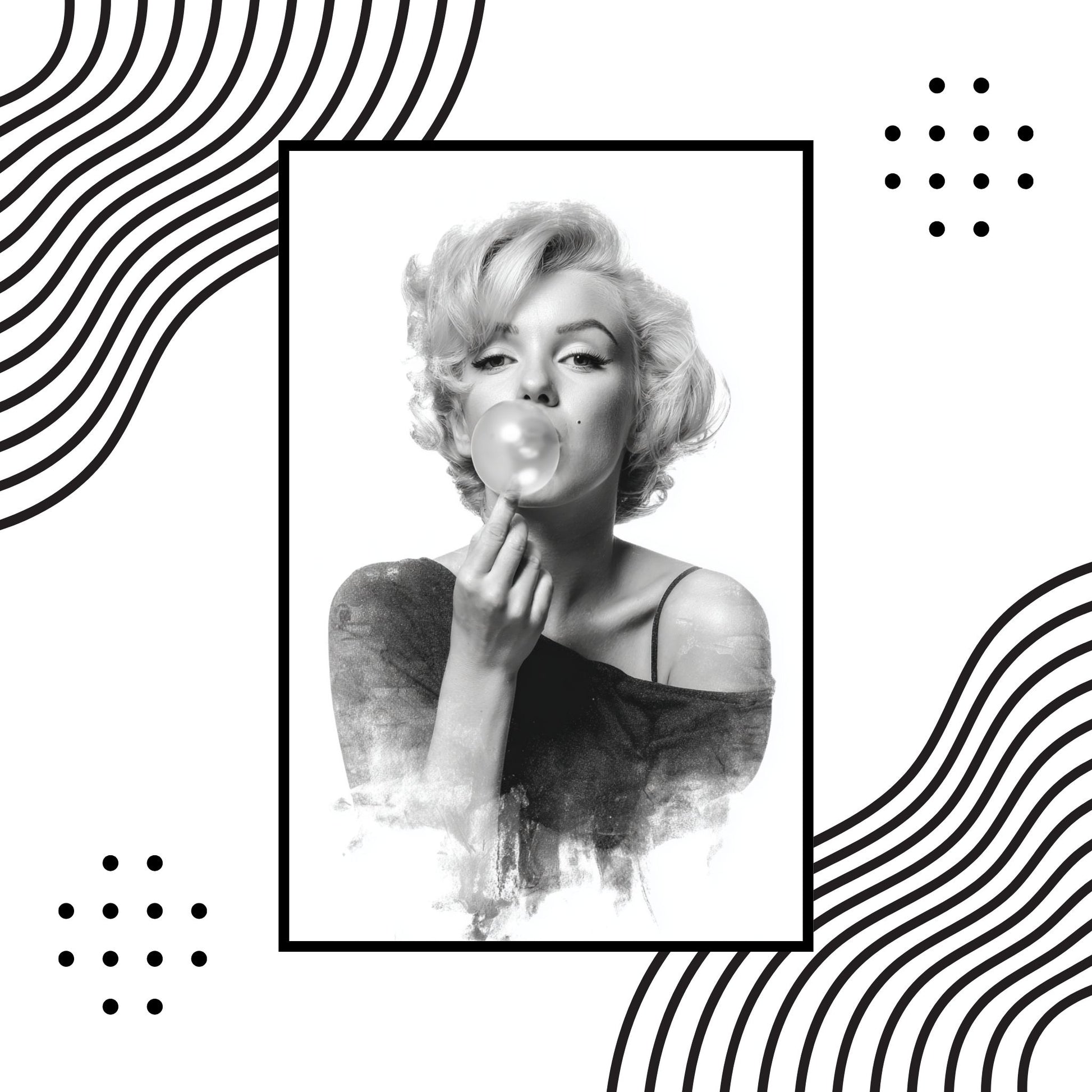 Black and white wall art of Marilyn Monroe with bubble gum