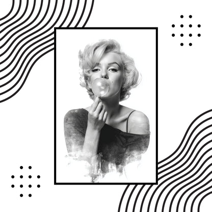 Black and white wall art of Marilyn Monroe with bubble gum