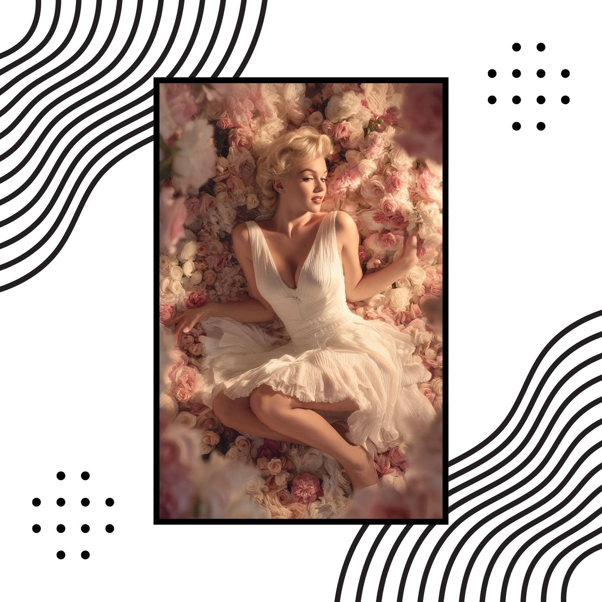 Marilyn Monroe in a white dress lying among flowers with decorative black and white patterns.