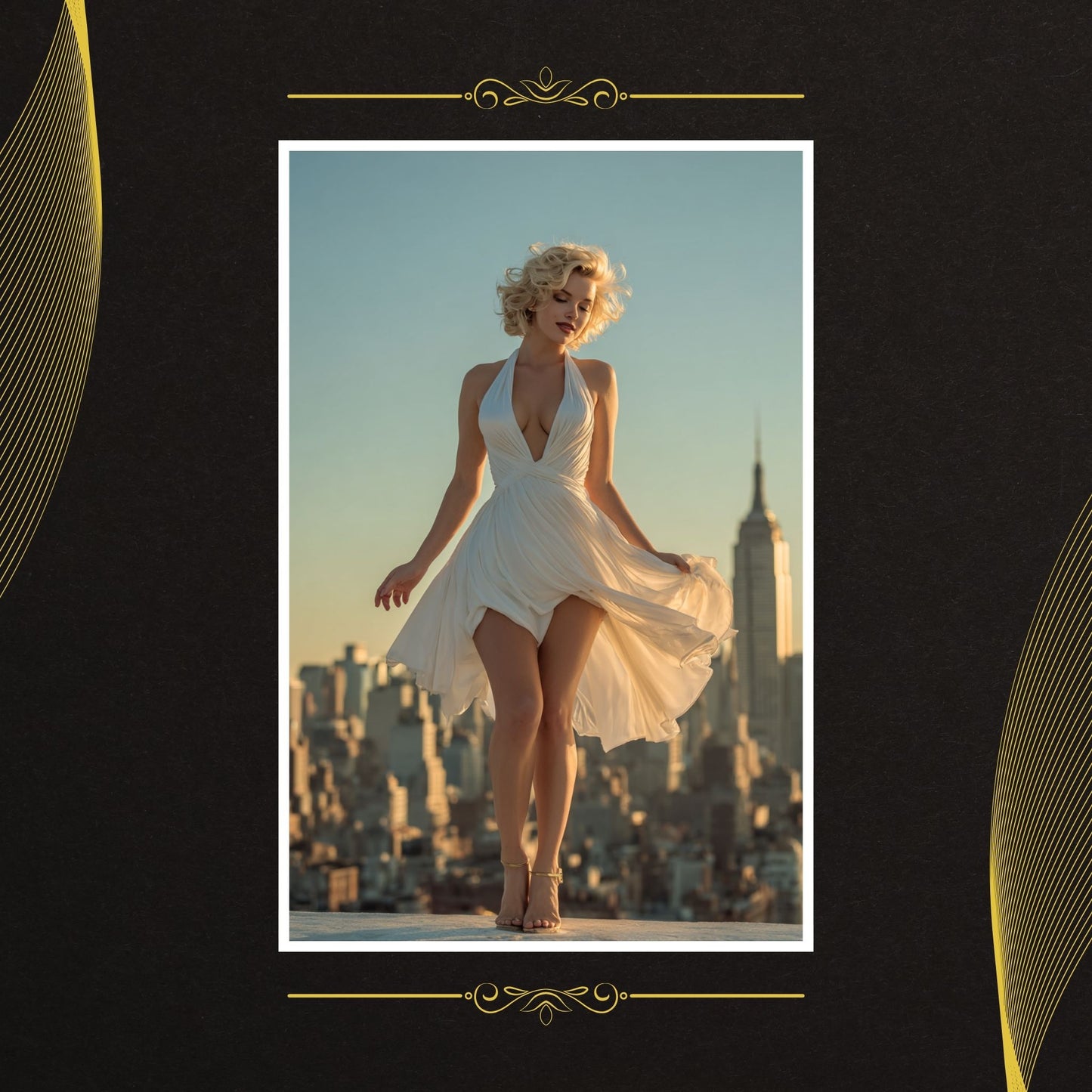 Marilyn Monroe in a white dress standing on a rooftop with a city skyline in the background