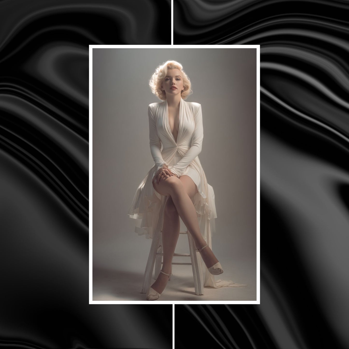 Marilyn Monroe in a white dress sitting on a stool against a dark, textured background
