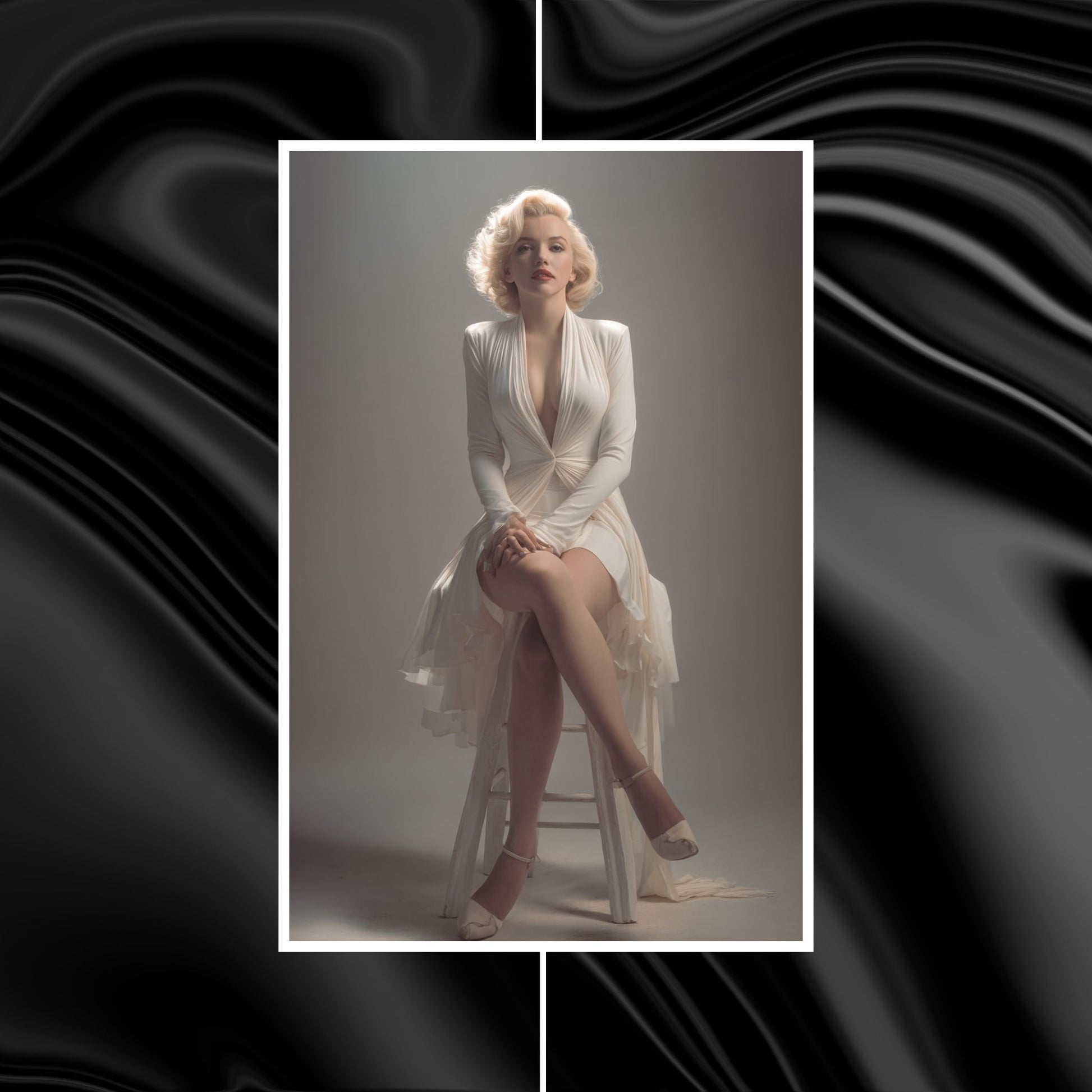 Marilyn Monroe in a white dress sitting on a stool against a dark, textured background