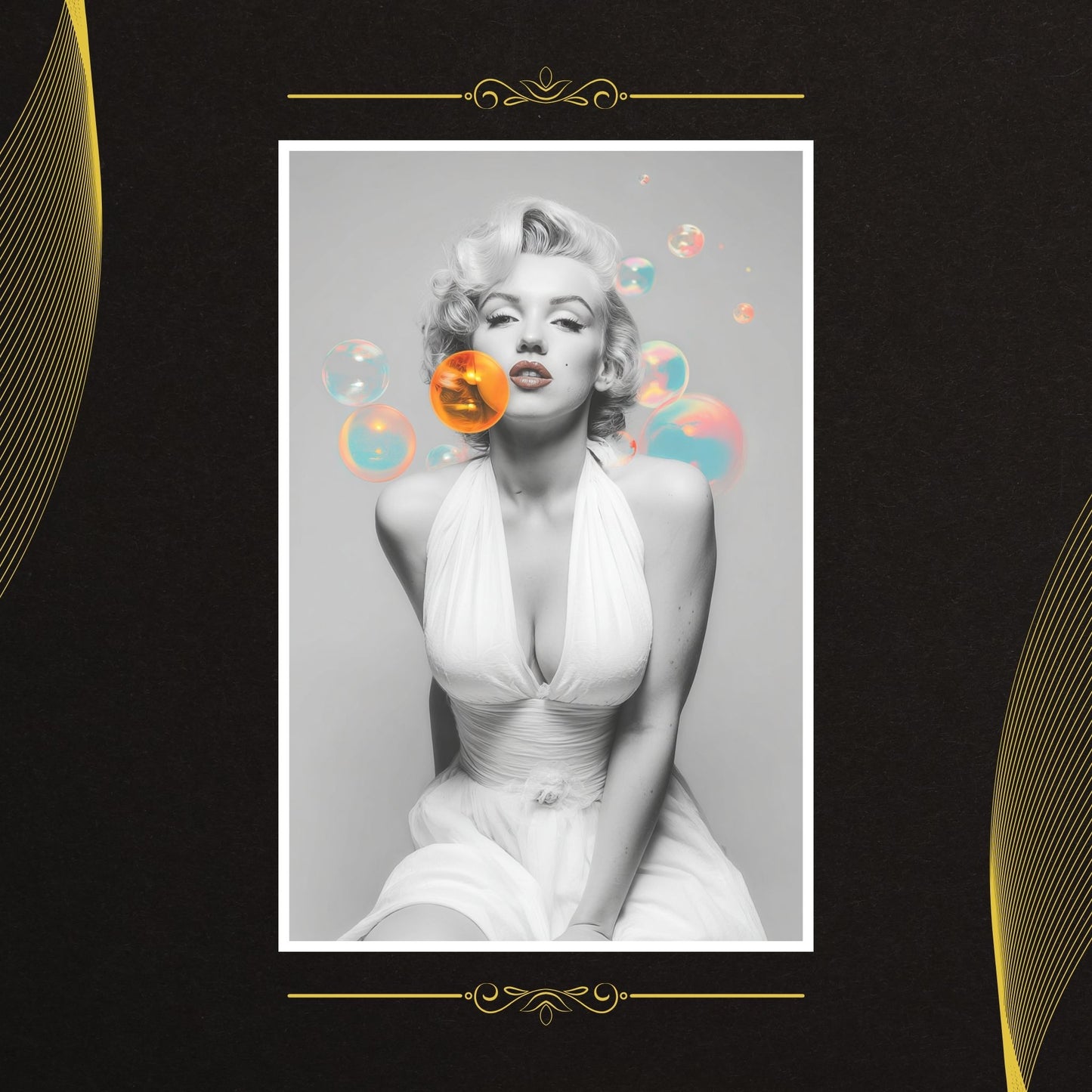 Black and white portrait of a woman in a white dress with colorful bubbles on a dark background