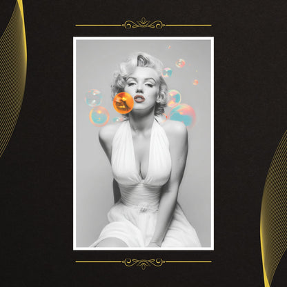 Black and white portrait of a woman in a white dress with colorful bubbles on a dark background