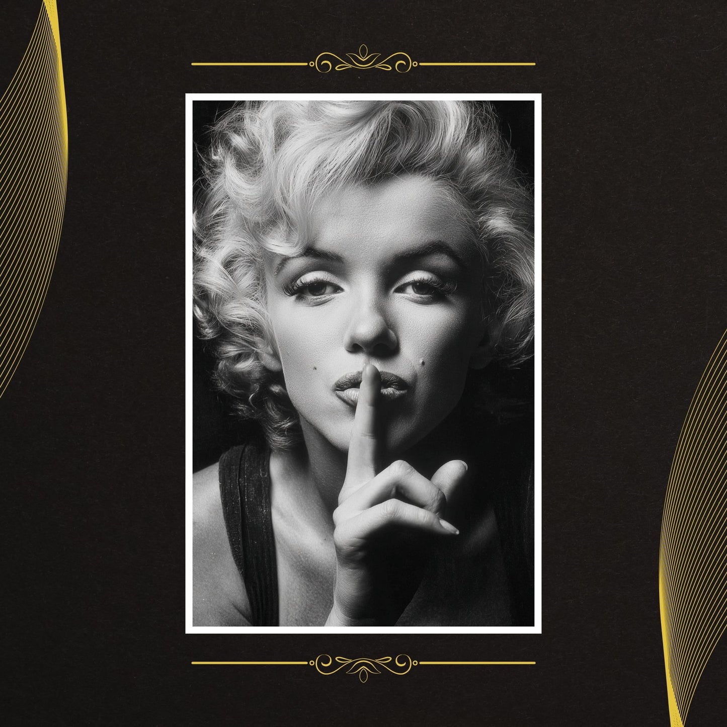 Black and white portrait of a famous actress with a hand on her lips against a dark background.