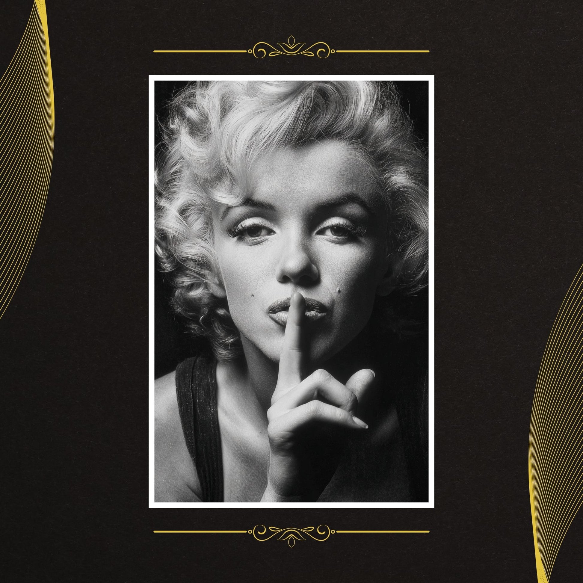 Black and white portrait of a famous actress with a hand on her lips against a dark background.