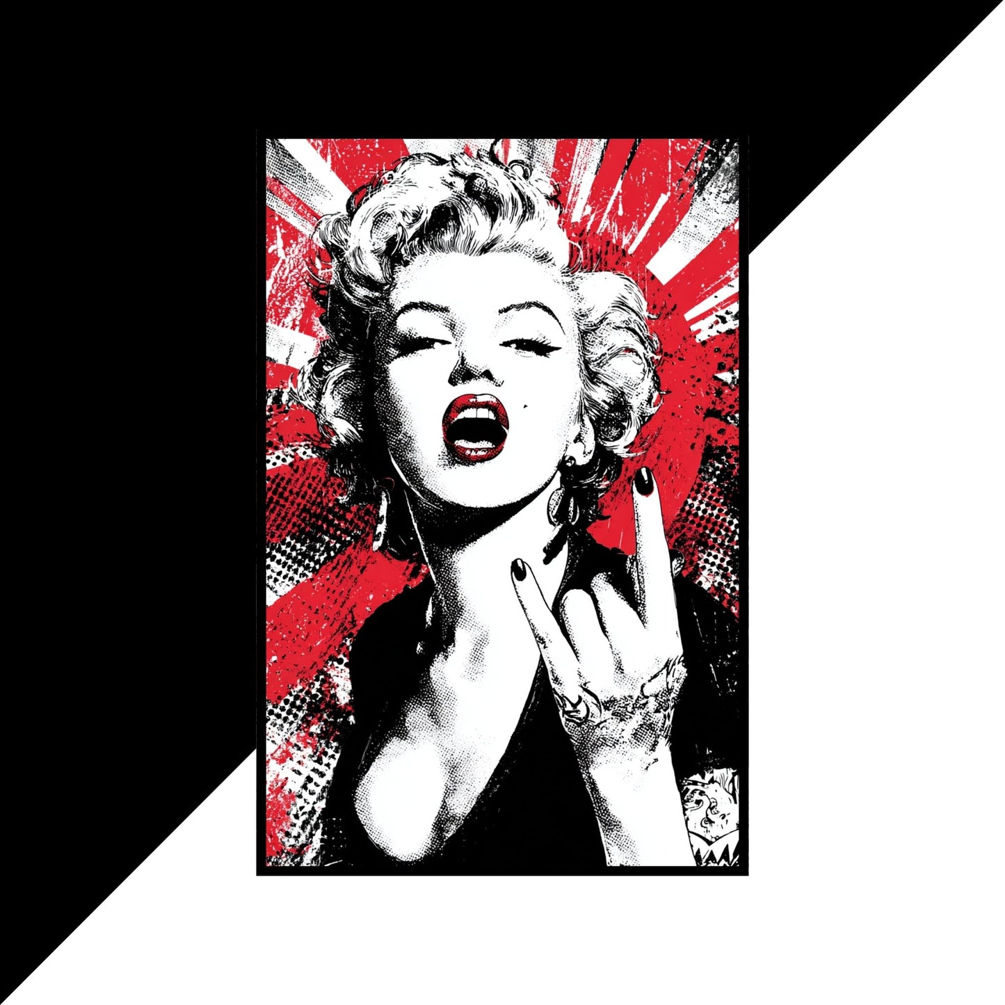 Stylized portrait of Marilyn Monroe with a red and black abstract background