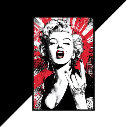 Stylized portrait of Marilyn Monroe with a red and black abstract background