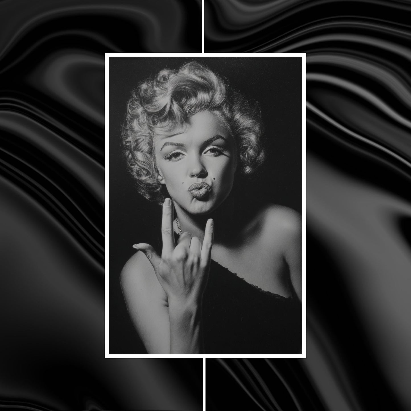 Black and white portrait of a woman with a stylized background