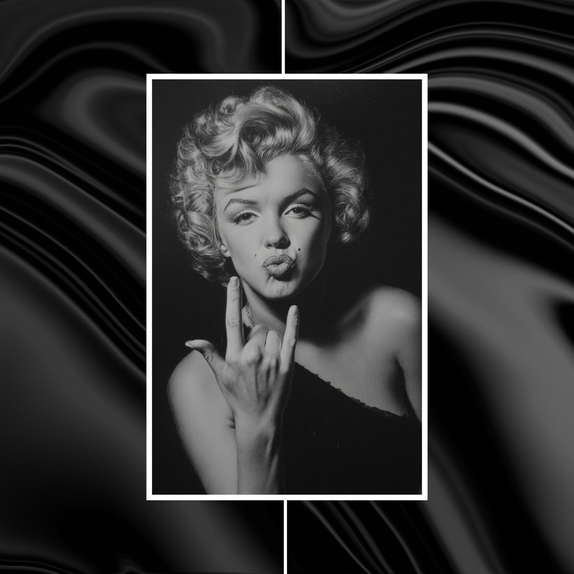 Black and white portrait of a woman with a stylized background