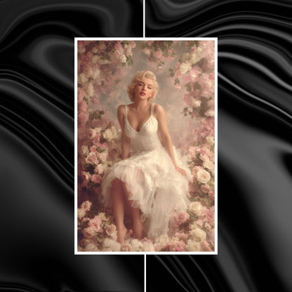 Marilyn Monroe in a white dress sitting among flowers with a black and white abstract background