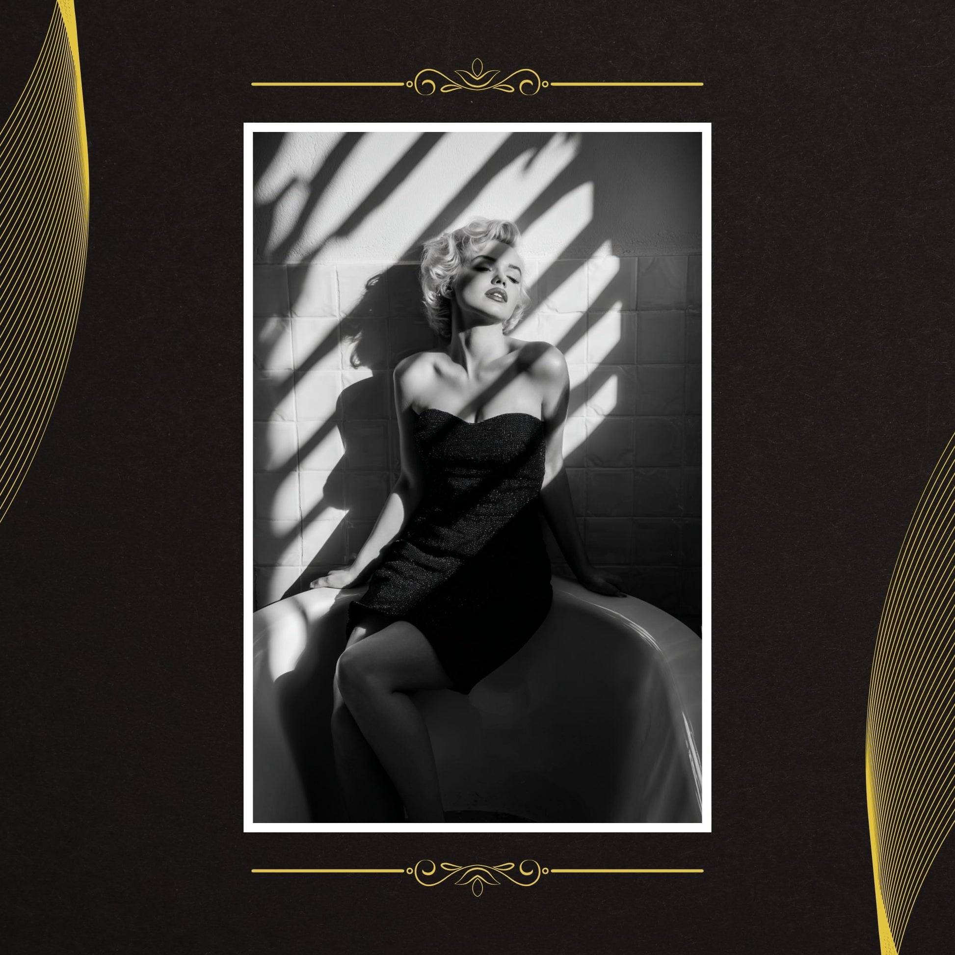 Black and white portrait of Marilyn Monroe sitting in a sunlit room