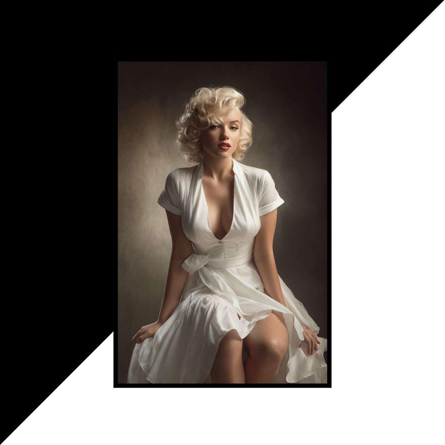 Marilyn Monroe in a white dress posing against a dark background