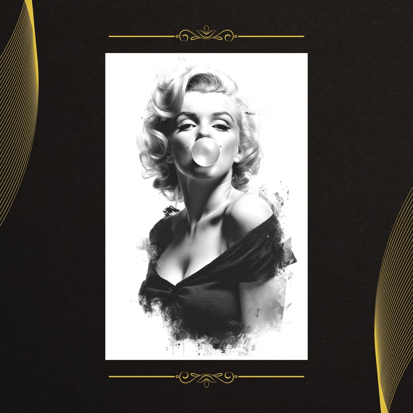 Black and white portrait of a famous actress with decorative elements on a dark background