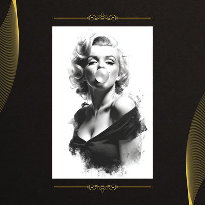 Black and white portrait of a famous actress with decorative elements on a dark background