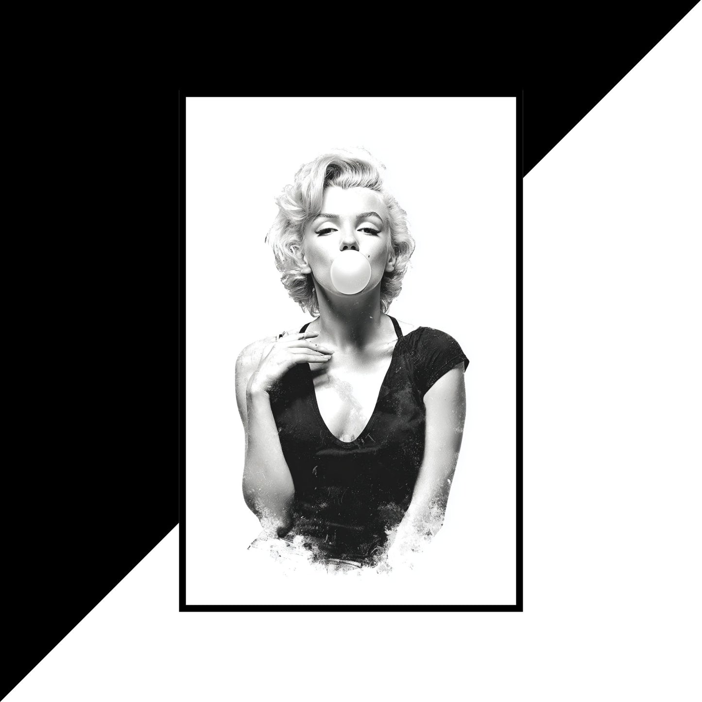 Black and white portrait of a woman blowing a bubble with gum, framed against a black and white geometric background.