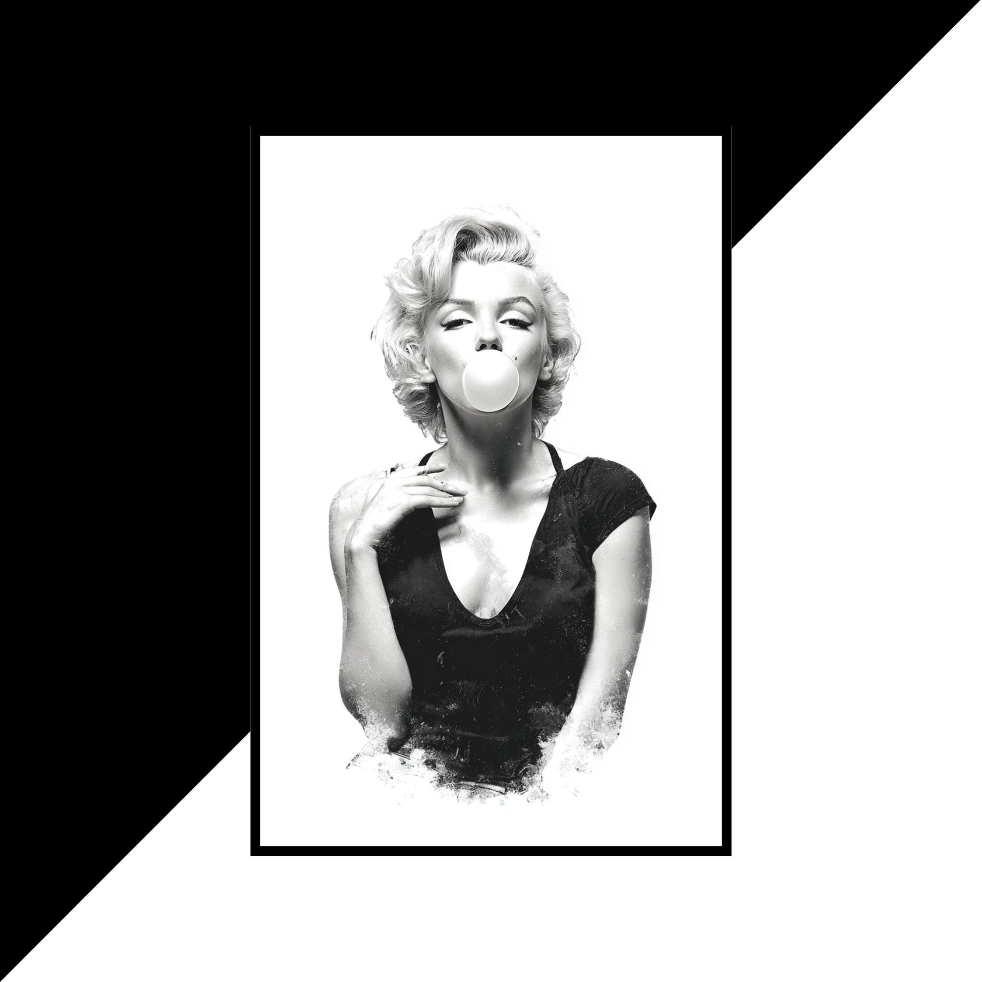 Black and white portrait of a woman blowing a bubble with gum, framed against a black and white geometric background.