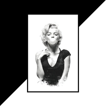 Black and white portrait of a woman blowing a bubble with gum, framed against a black and white geometric background.