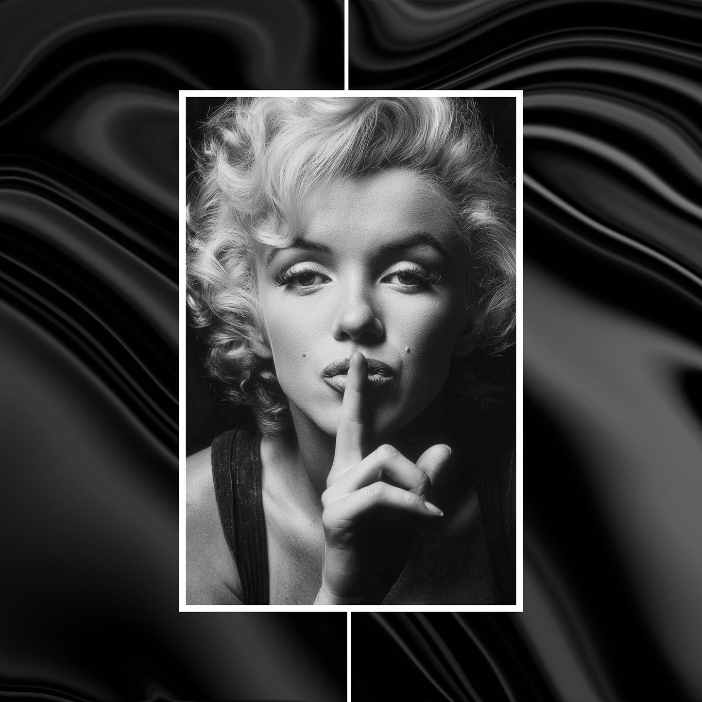Black and white portrait of a famous actress with a stylized wavy background