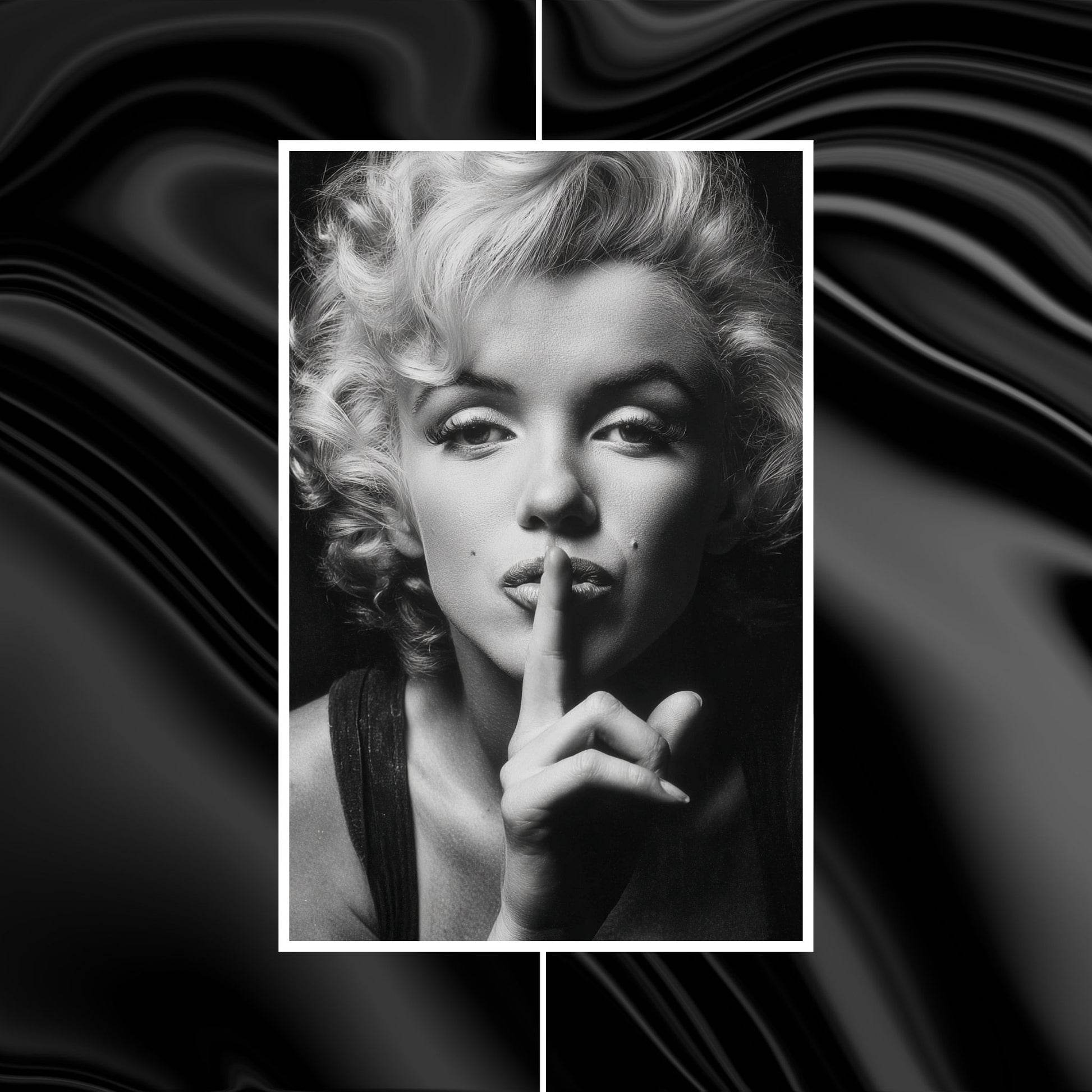 Black and white portrait of a famous actress with a stylized wavy background