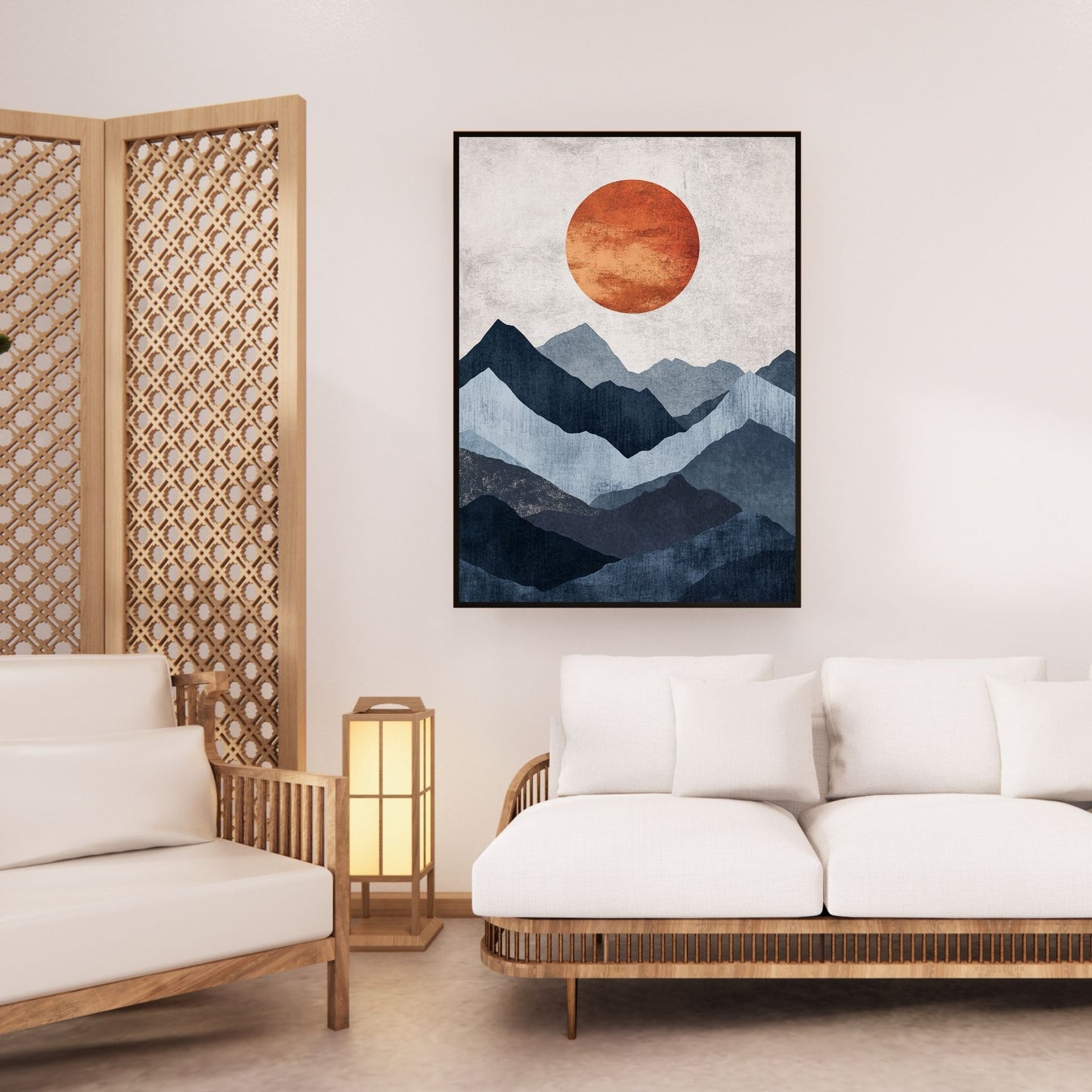 Japandi art print showcasing serene mountains and warm sunlight