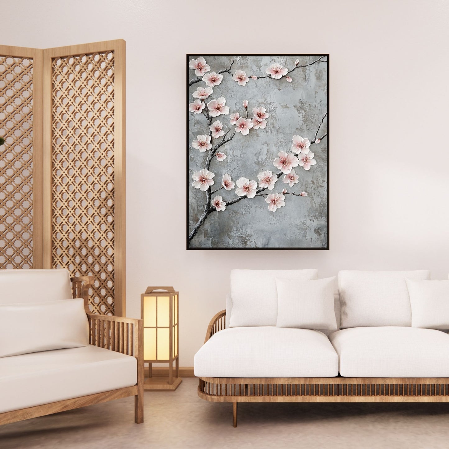 Elegant Japandi style artwork with blooming cherry blossoms