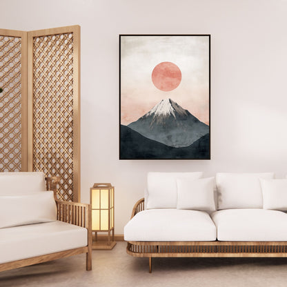 Minimalist Japandi style artwork with a sun and mountain motif