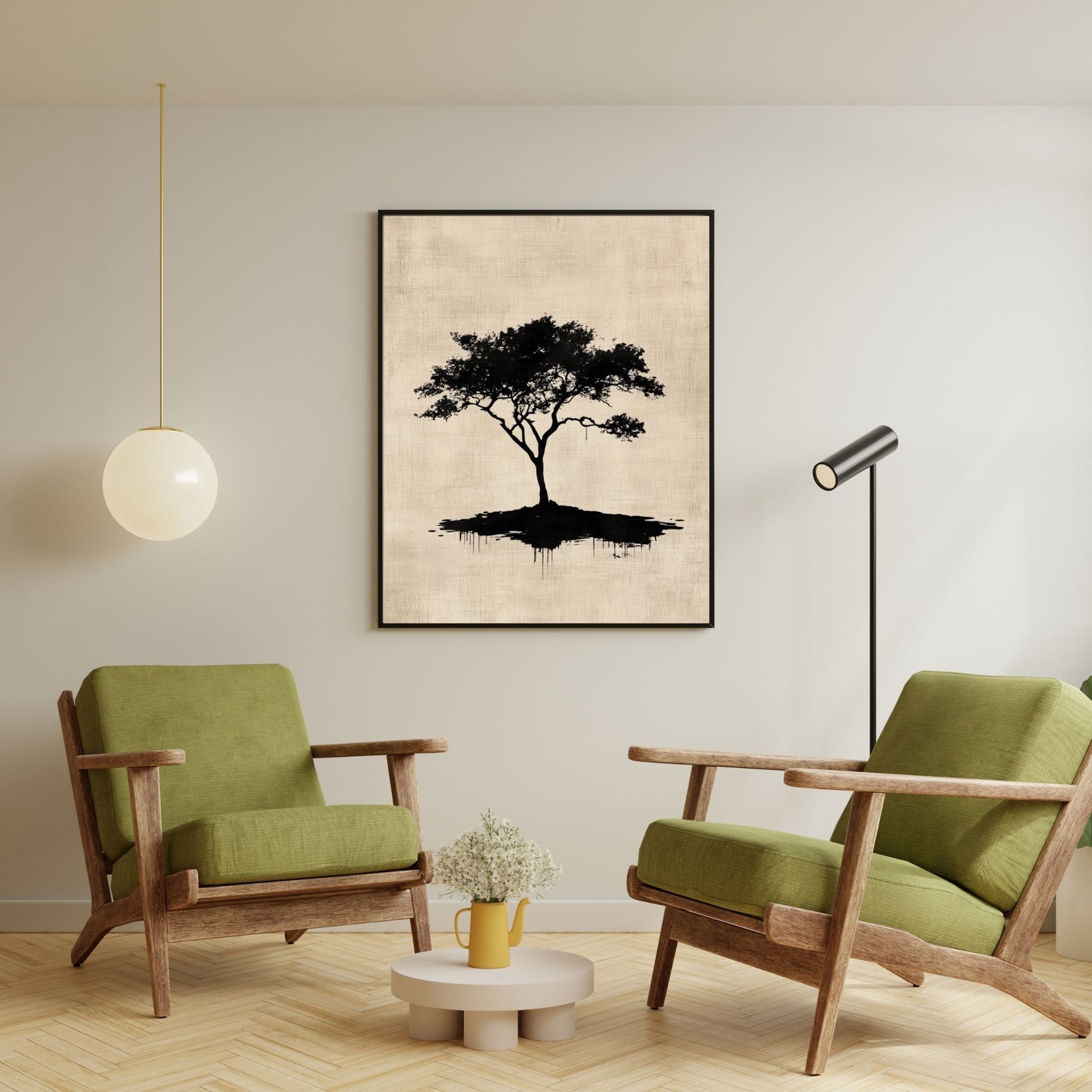 Trendy Japandi art print of a black tree silhouette on a neutral background