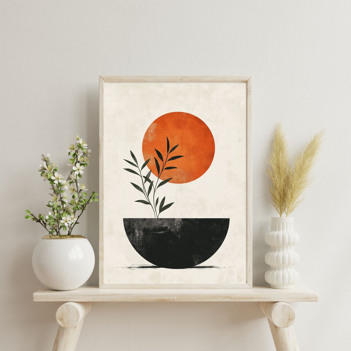 Elegant Japandi style artwork combining a sun and foliage motif