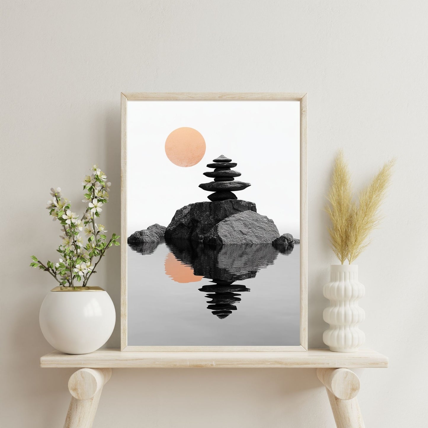 Minimalist Japandi style artwork with a Zen-inspired stone arrangement