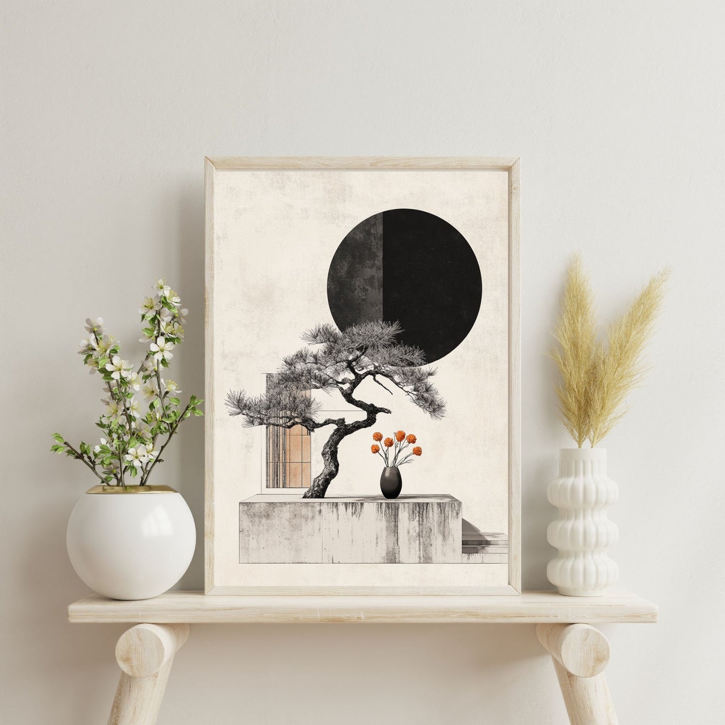 Minimalist Japandi style artwork blending bonsai and modern aesthetics